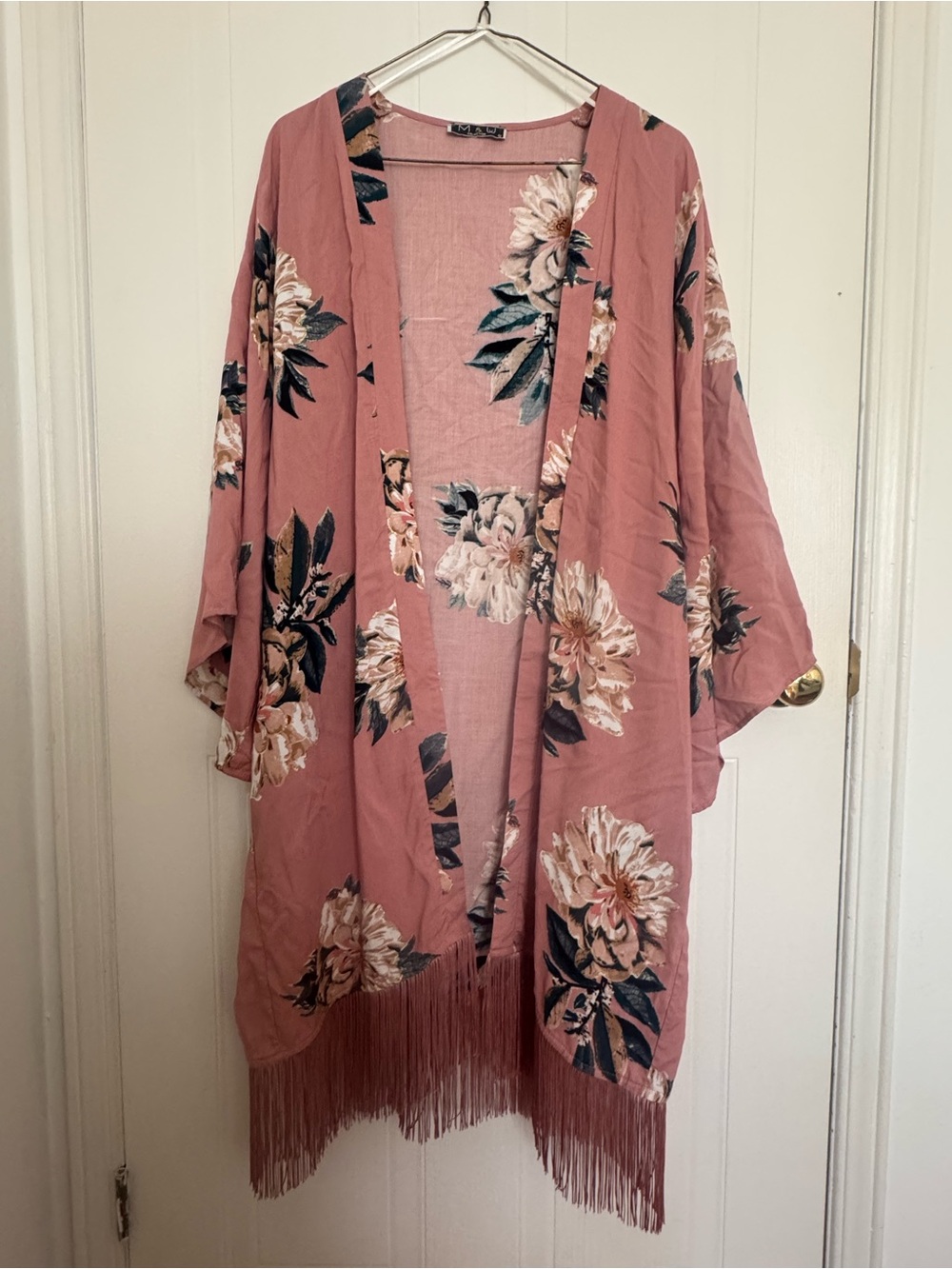 Vintage Pink Floral Fringe Kimono Jacket in Dusty Rose